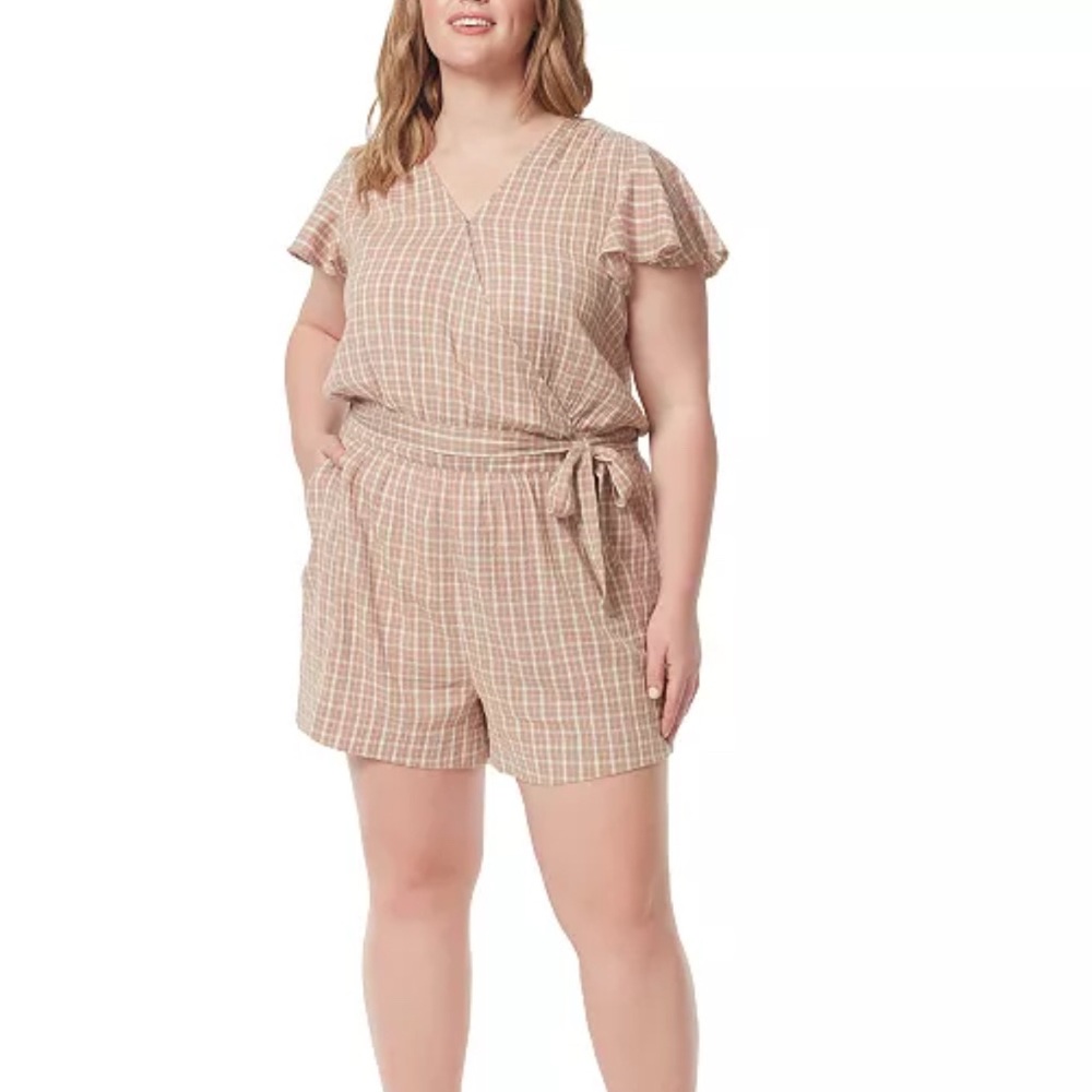 Jessica Simpson Ilona Gingham Plaid Romper Tan and White 3XL NWT